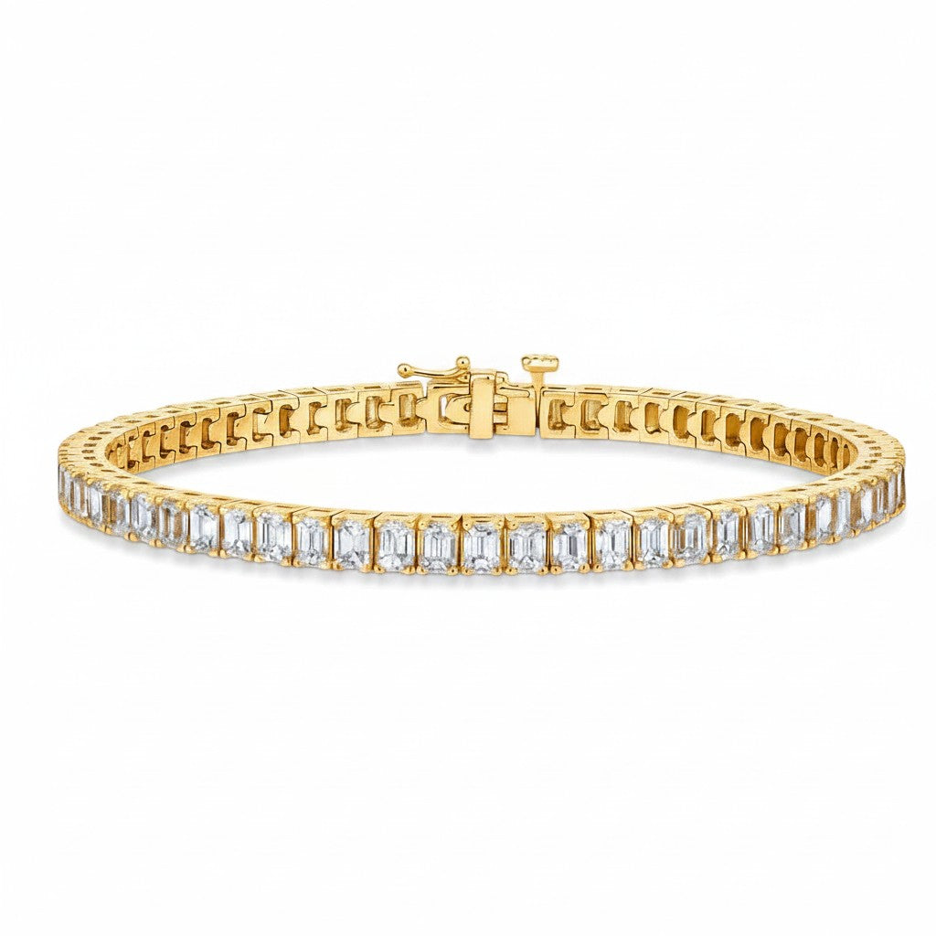 My Store 4 custom emerald-cut diamond tennis bracelet in 14K yellow gold with a secure box clasp.