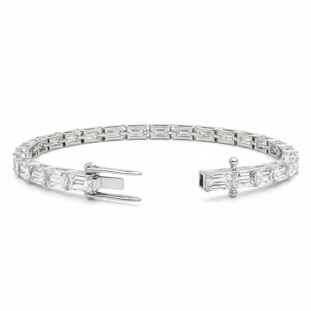 My Store 4 modern east-west emerald cut diamond line bracelet in white gold with a secure box clasp.