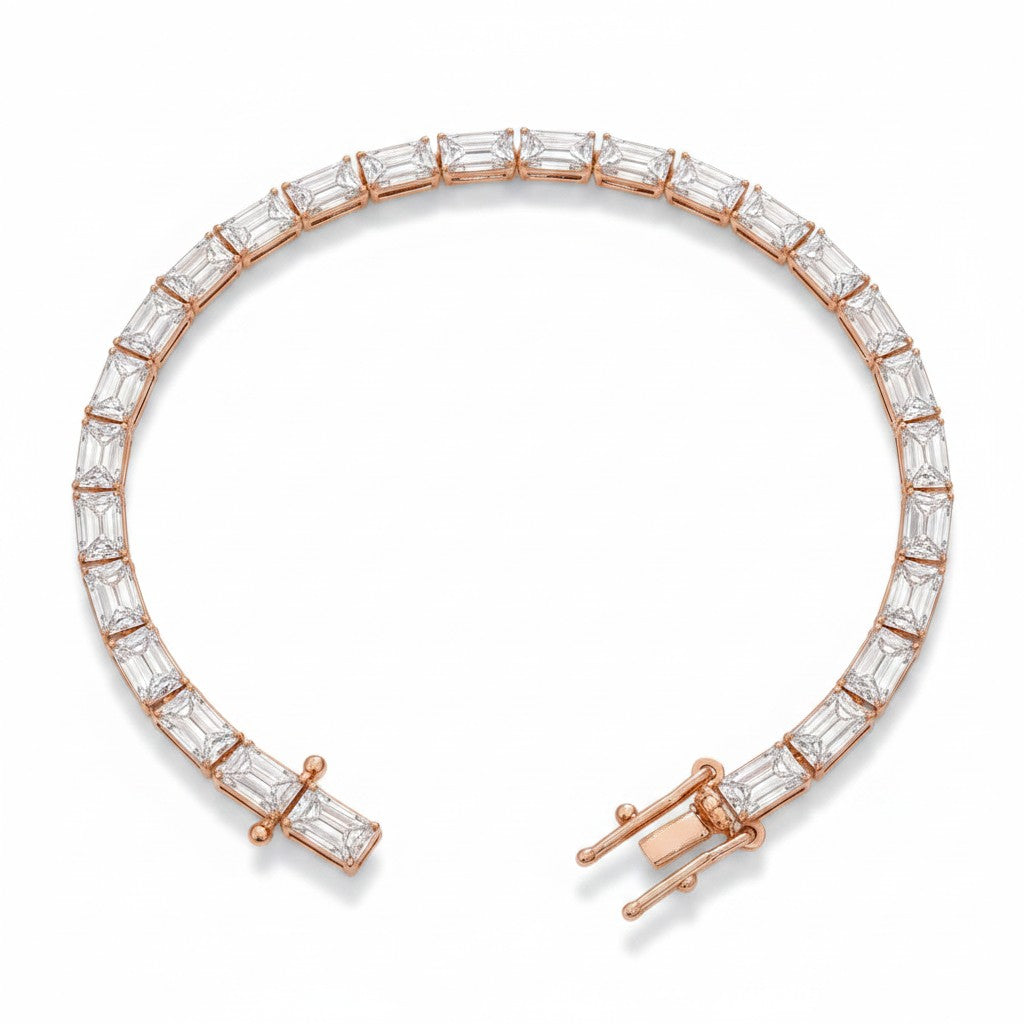 My Store 4 modern east-west emerald cut diamond bracelet in rose gold with a secure box clasp and safety catches.