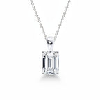My Store 4 emerald-cut diamond solitaire pendant on a delicate silver chain with a polished tapered bail.