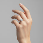 My Store 4 18K solid gold halo ring featuring an emerald-cut lab-grown diamond on a woman's finger