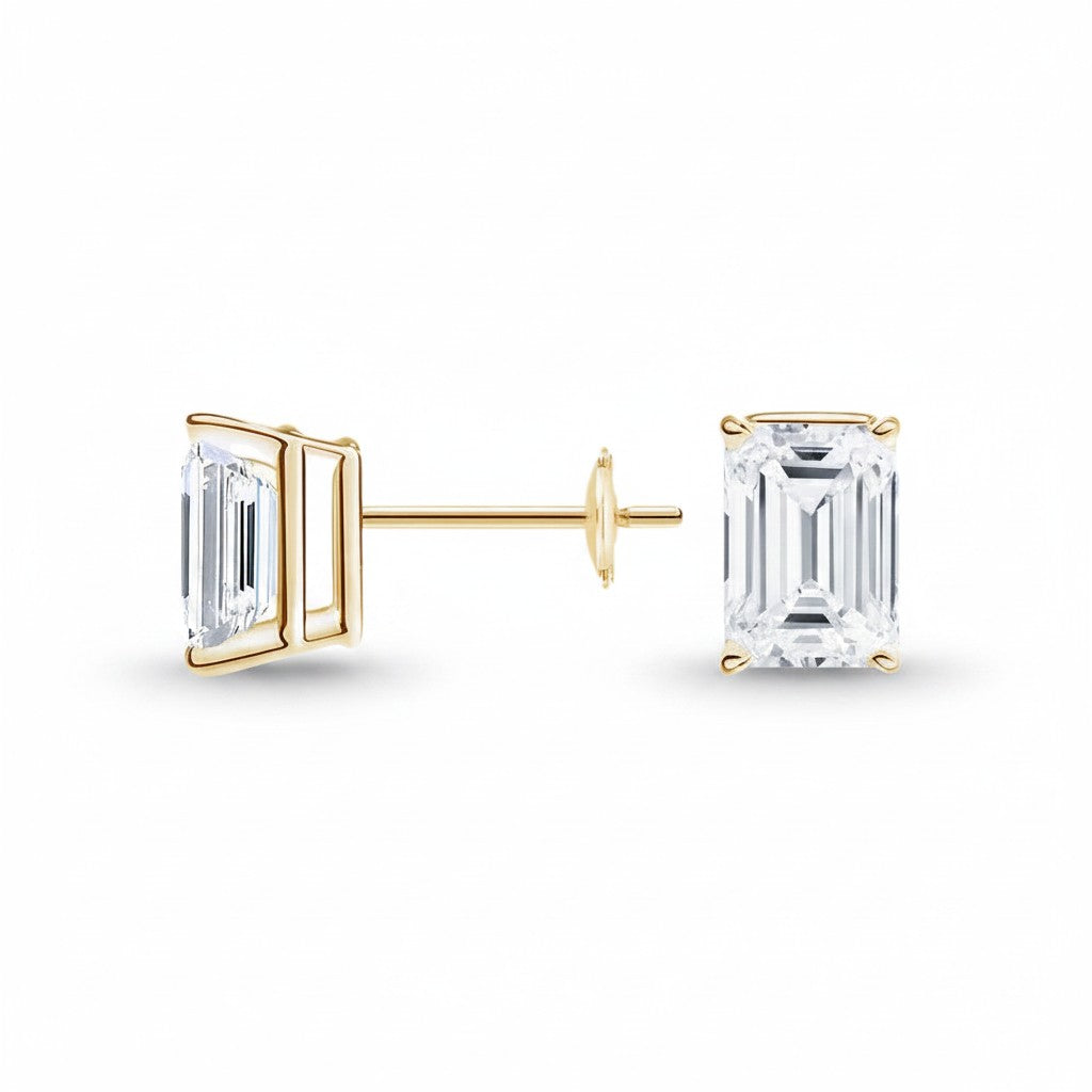 My Store 4 18K solid gold emerald-cut lab-grown diamond stud earrings with 2 carat total weight and prong setting.