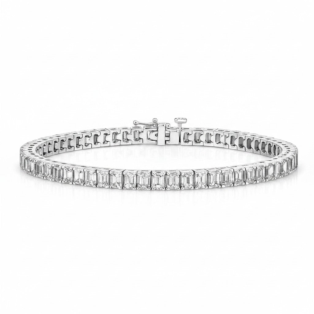 My Store 4 custom emerald cut diamond tennis bracelet in polished white gold with a secure box clasp.