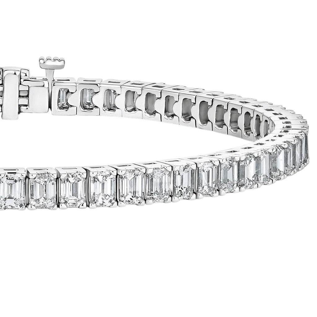 My Store 4 custom emerald cut diamond tennis bracelet in white gold with a secure box clasp and dual safety latches.