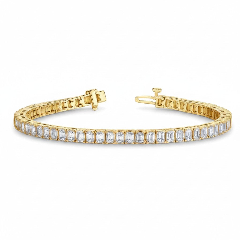 My Store 4 custom emerald cut diamond tennis bracelet in 14K yellow gold with a secure box clasp and safety latches.