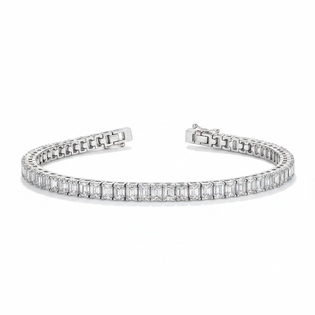 My Store 4 custom emerald cut diamond tennis bracelet in white gold with a secure box clasp and safety latches.