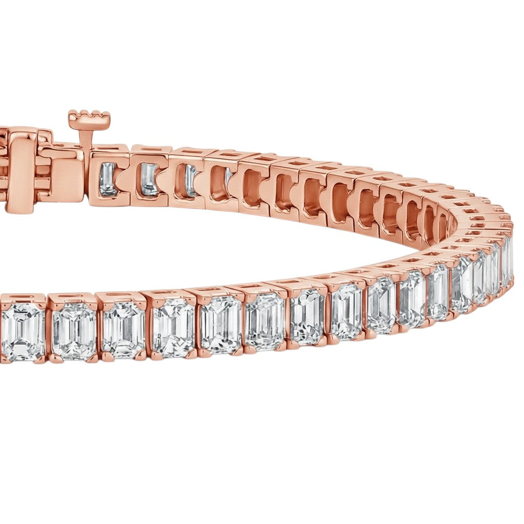 My Store 4 custom tennis bracelet featuring emerald cut diamonds set in polished 14K rose gold with a box clasp.