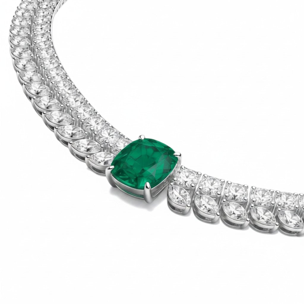 My Store 4 Florence double-row necklace in 18K white gold with a central cushion-cut emerald and marquise diamonds.
