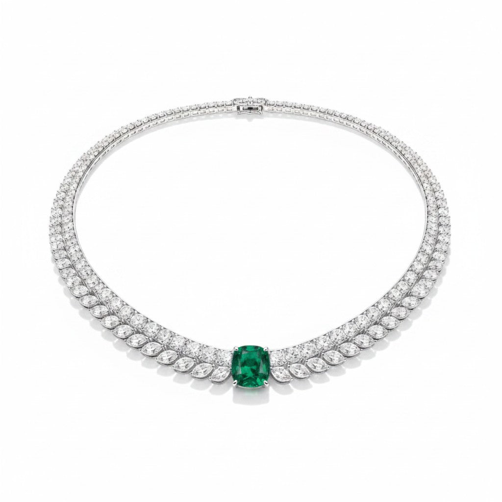 My Store 4 Florence emerald and diamond double-row necklace in 18K white gold with marquise and round cut stones.