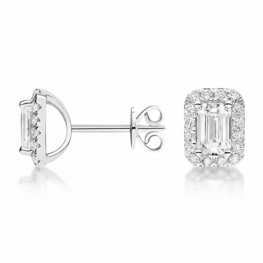 My Store 4 18K solid gold emerald cut lab diamond halo stud earrings with 1.5 carat total weight