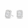 My Store 4 18K solid gold emerald cut lab diamond stud earrings with a sparkling halo setting.