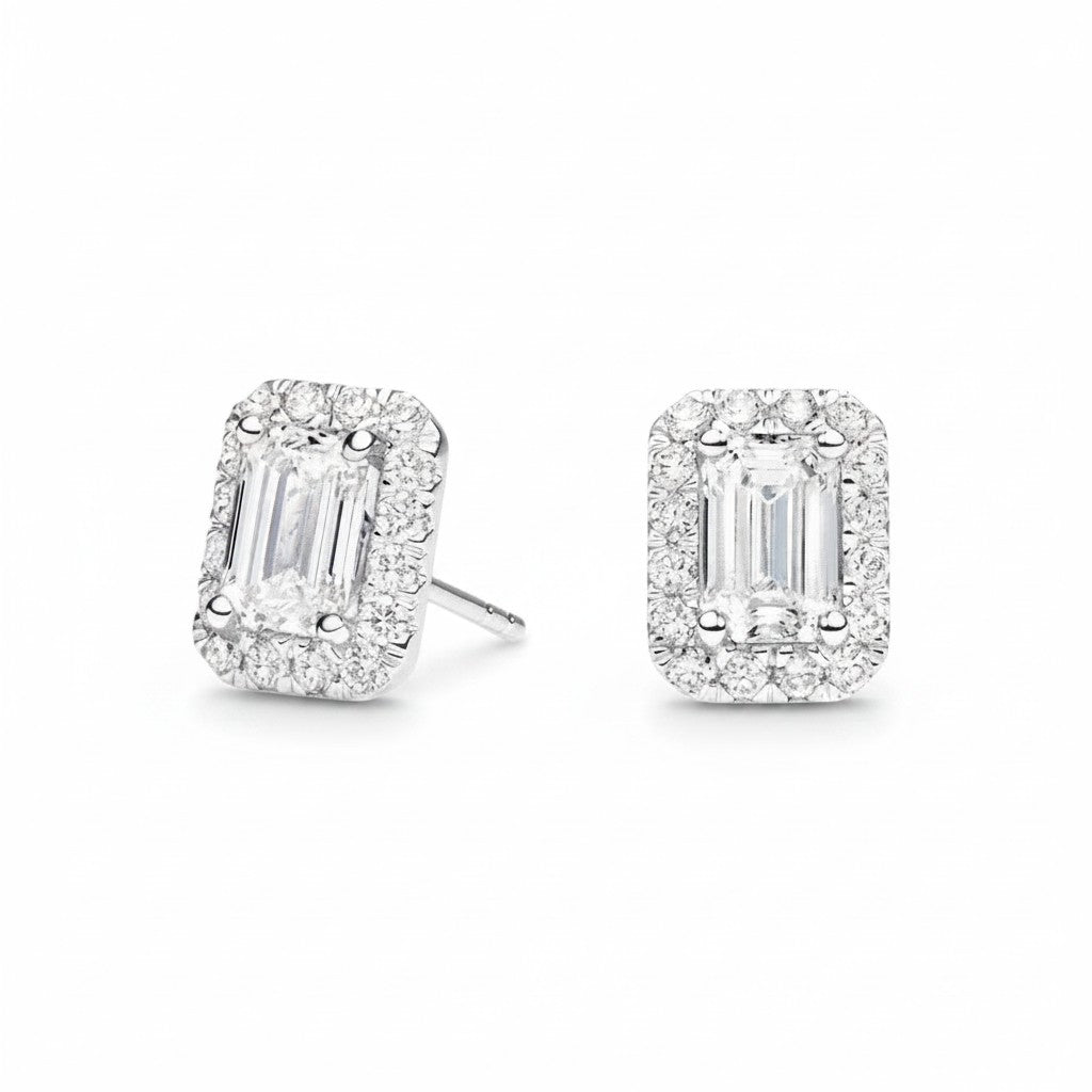 My Store 4 18K solid gold emerald cut lab diamond stud earrings with a sparkling halo setting.