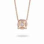 My Store 4 round floating diamond solitaire pendant in 18k rose gold with a minimalist four-prong wire basket setting.