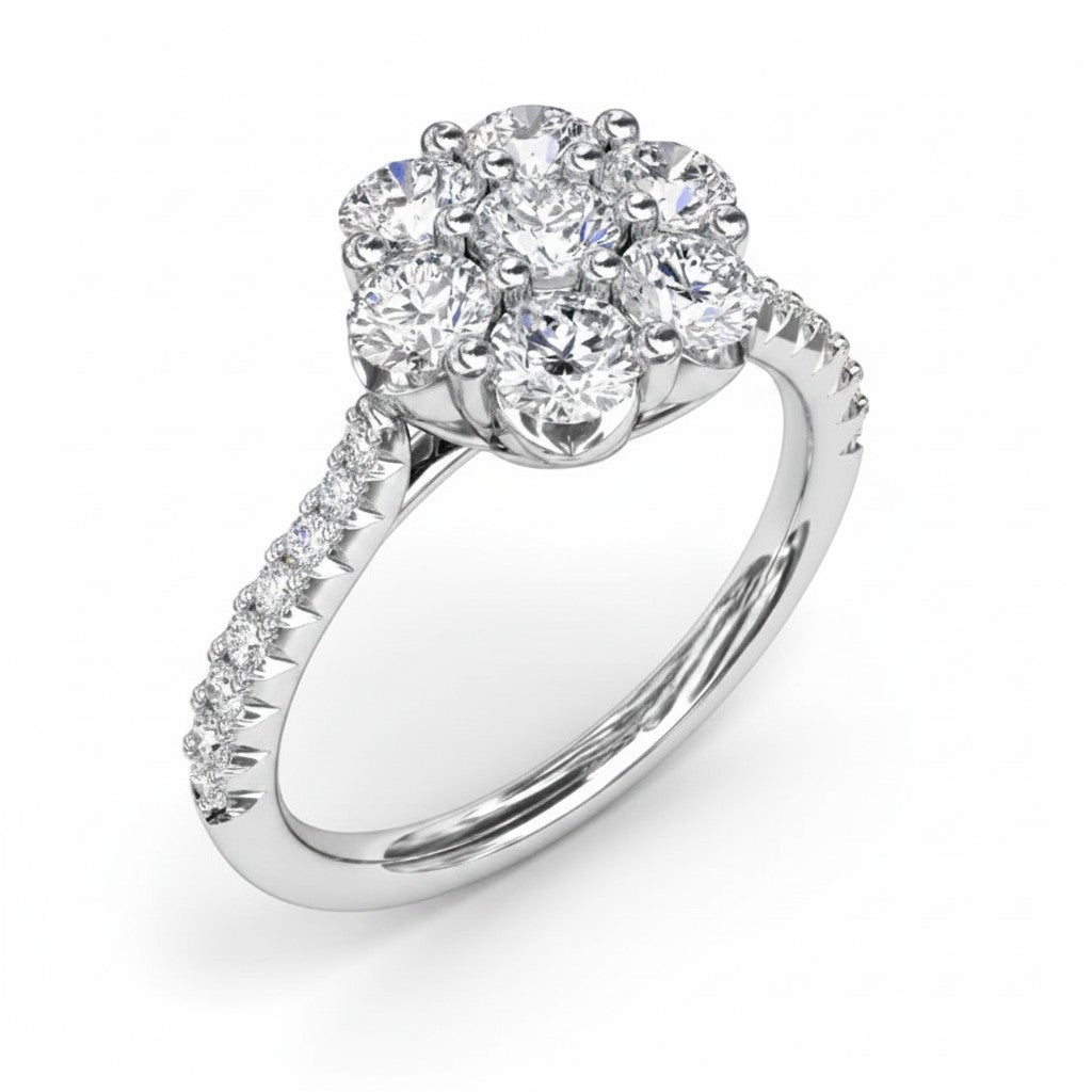 My Store 4 seven-stone floral cluster engagement ring with micro-pavé diamonds set in polished white gold.