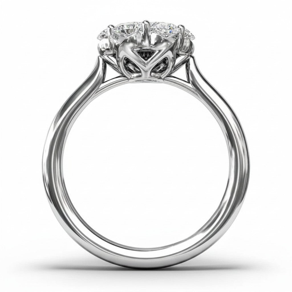 My Store 4 seven-stone floral cluster engagement ring in polished white gold with a cathedral shank side view