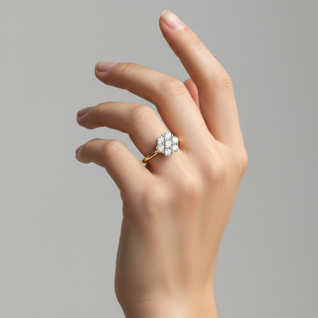 My Store 4 seven-stone floral cluster engagement ring with brilliant-cut diamonds on a polished yellow gold band.