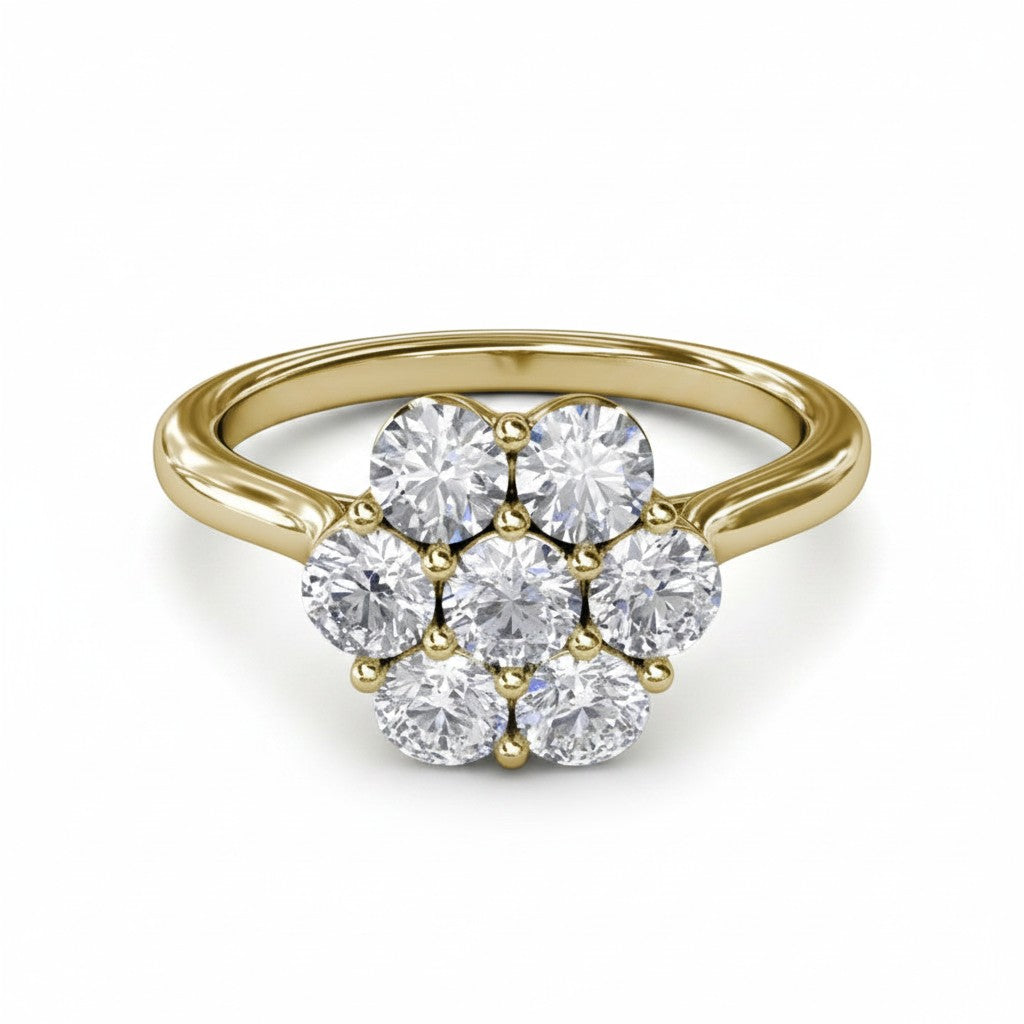 My Store 4 seven-stone floral cluster engagement ring with brilliant-cut diamonds set in polished yellow gold.
