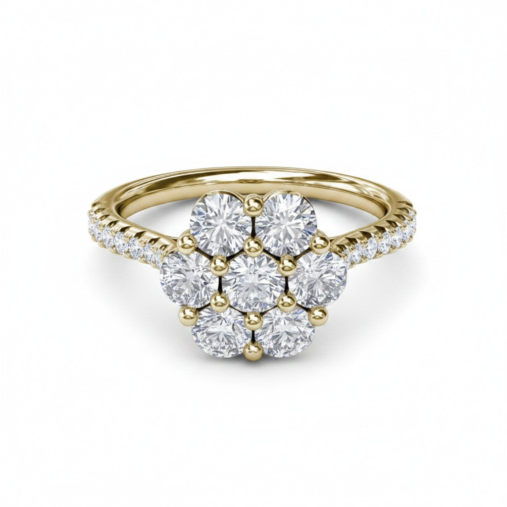 My Store 4 seven-stone floral cluster engagement ring in yellow gold with a micro-pavé diamond band.
