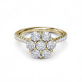 My Store 4 seven-stone floral cluster engagement ring in yellow gold with a micro-pavé diamond band.
