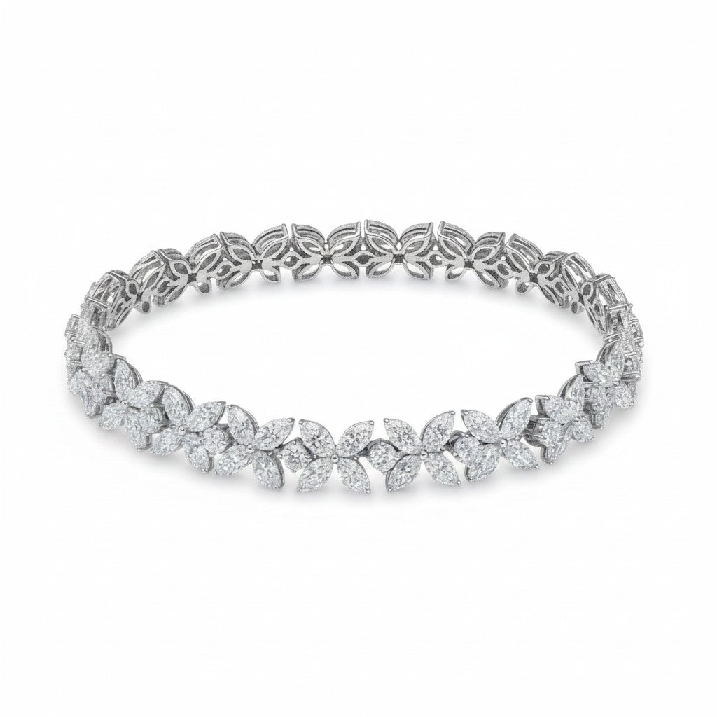 My Store 4 Bloomline floral diamond line bracelet in white gold featuring marquise and round cut diamond clusters.