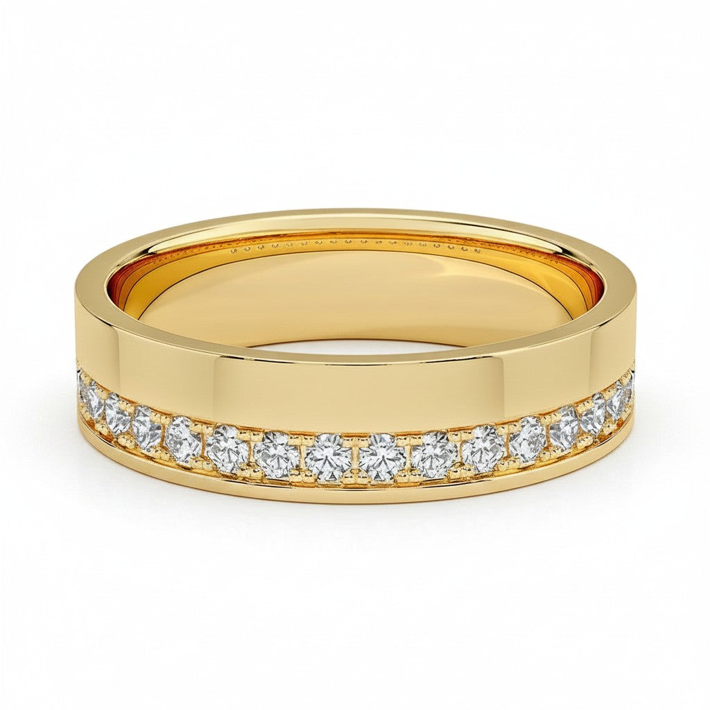 My Store 4 solid yellow gold flat band ring featuring an offset channel of brilliant round diamonds.