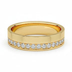 My Store 4 solid yellow gold flat band ring featuring an offset channel of brilliant round diamonds.