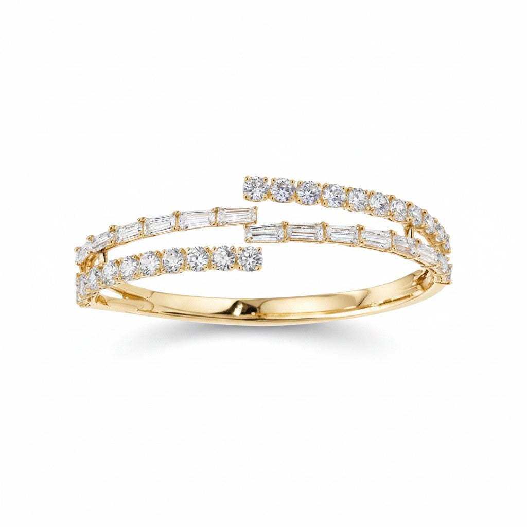 My Store 4 gold bypass open bangle bracelet featuring alternating rows of baguette and round brilliant diamonds.