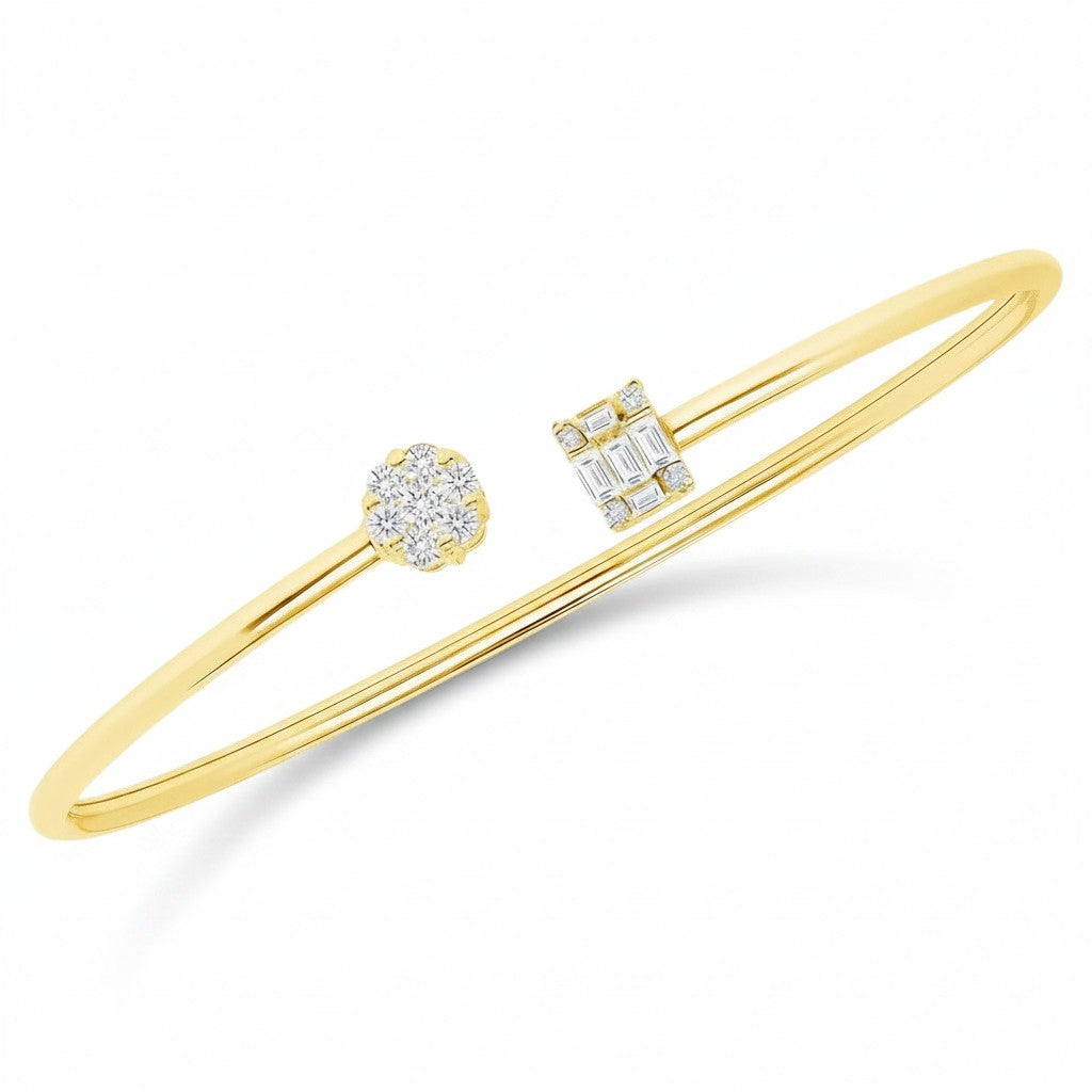 My Store 4 gold open cuff bracelet featuring a round diamond cluster and a rectangular baguette diamond motif.