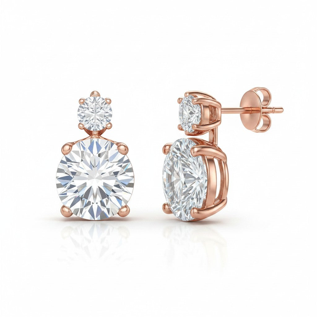 My Store 4 18K solid gold double round lab-grown diamond drop earrings with 6.5 carat total weight and push back closure.