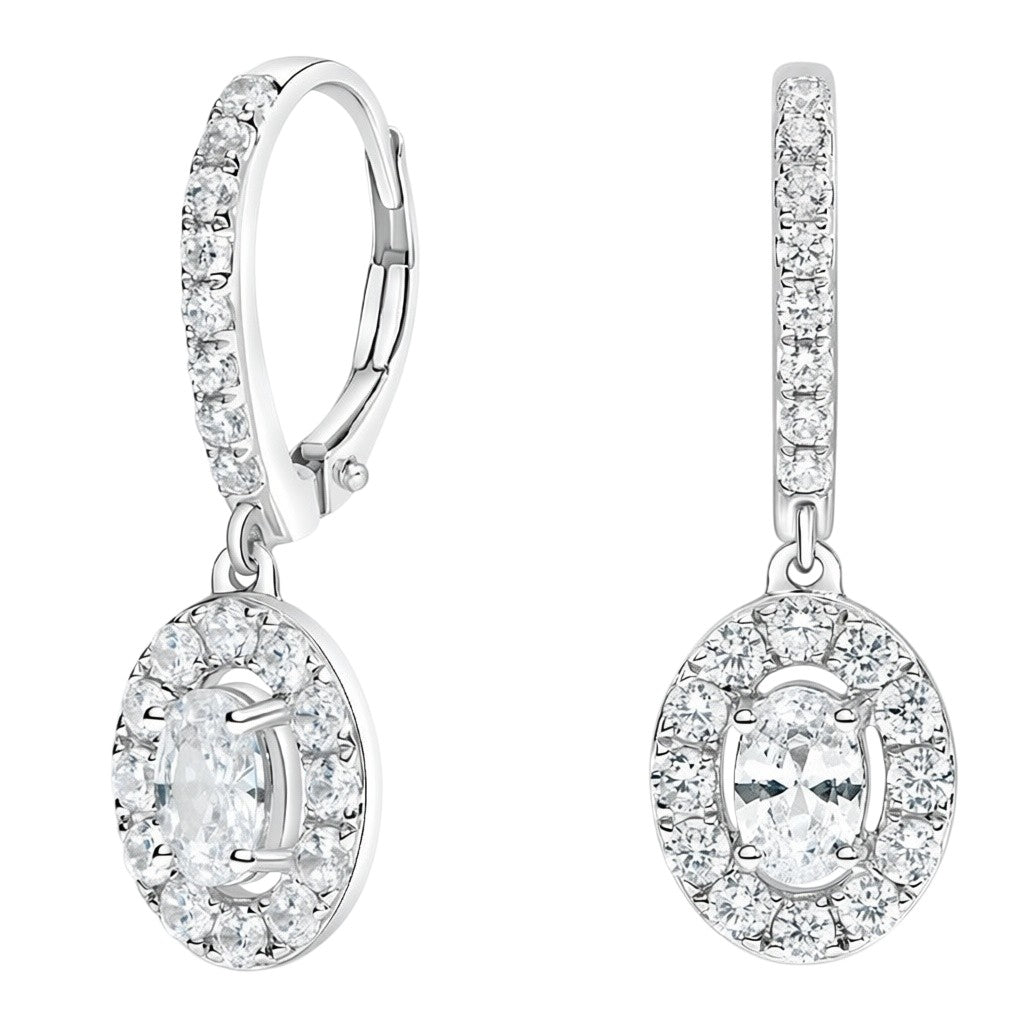My Store 4 18K solid gold drop earrings featuring 2 carat lab-grown oval diamonds with a sparkling halo setting.