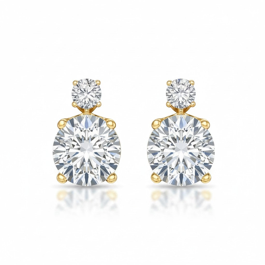 My Store 4 18K solid gold double round lab-grown diamond drop earrings with 6.5 carat total weight.