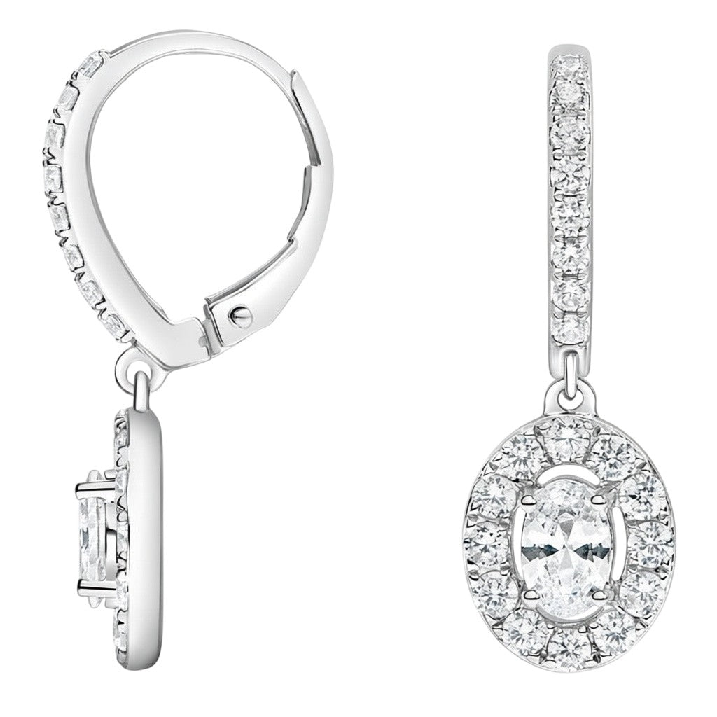 My Store 4 18K solid gold drop earrings featuring 2 carat lab-grown diamonds in an elegant oval halo setting.