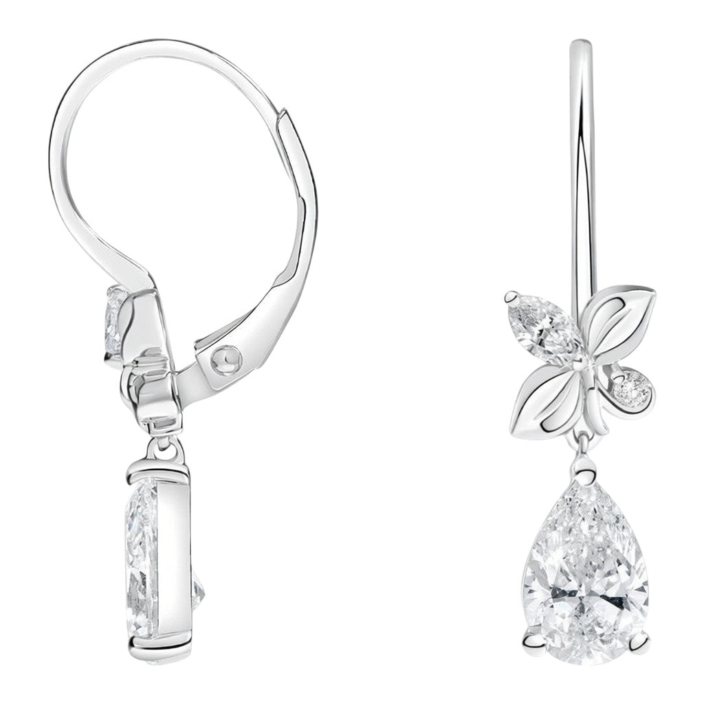 My Store 4 18K solid gold drop earrings featuring pear-shaped lab-grown diamonds and delicate floral accents.