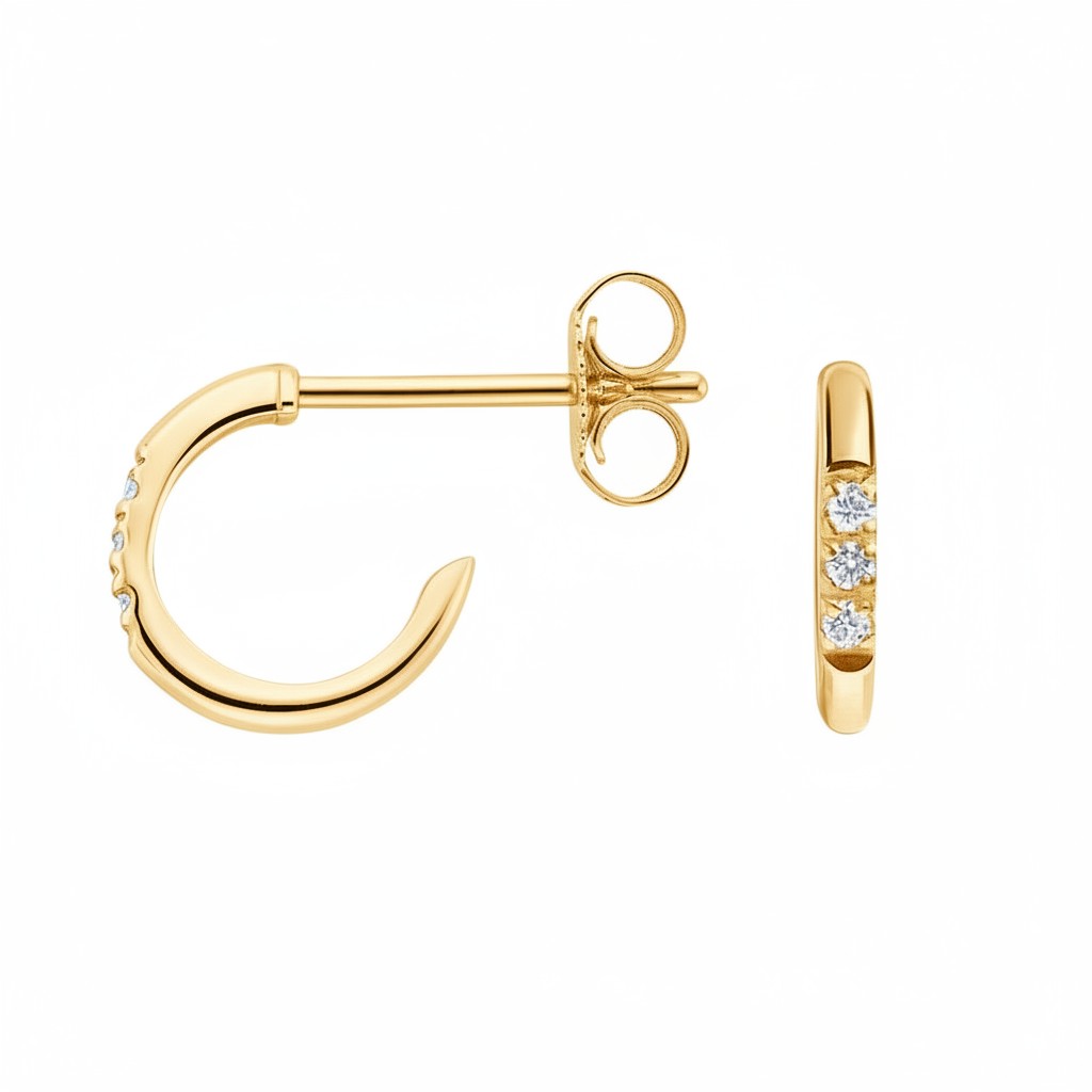 My Store 4 18K solid gold hoop earrings featuring three small sparkling lab-grown diamonds in a minimalist design.