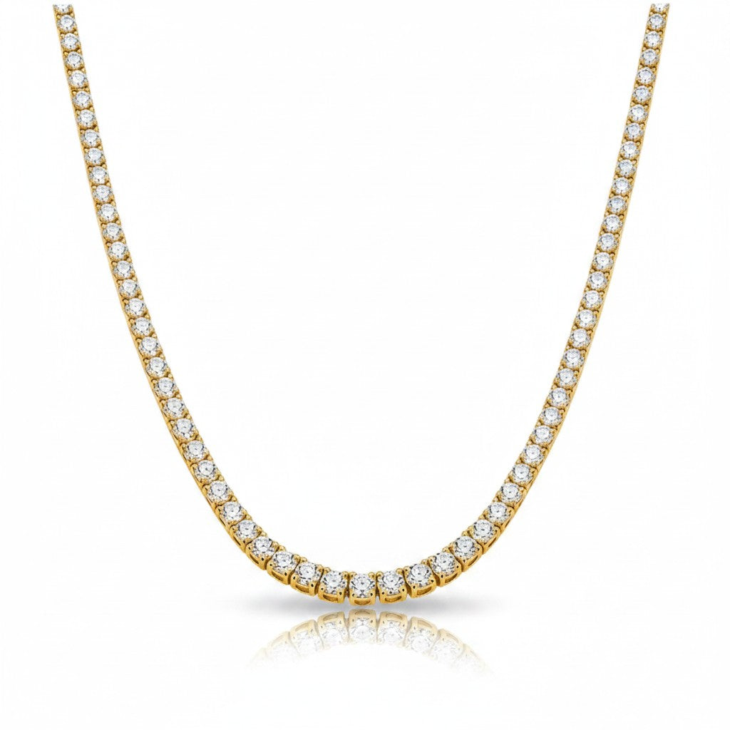 My Store 4 classic four-prong tennis necklace in 18K yellow gold with a continuous line of brilliant-cut diamonds.