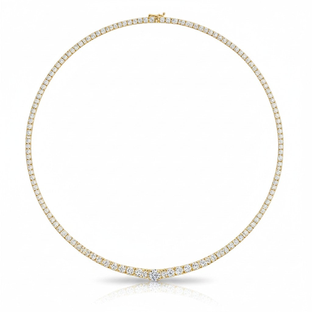 My Store 4 classic tennis necklace featuring a continuous line of brilliant-cut diamonds in 18K yellow gold settings.