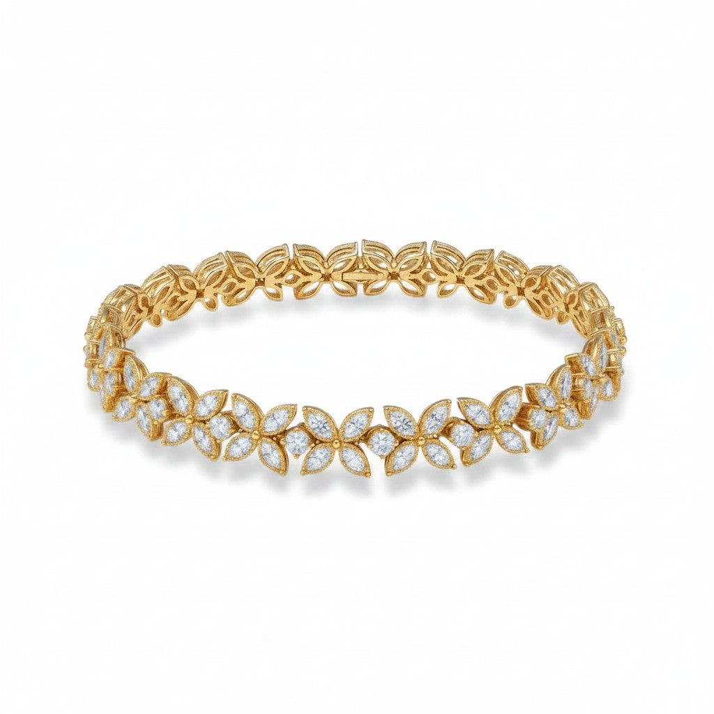 My Store 4 gold floral diamond line bracelet featuring marquise and round cut diamond clusters in a lattice design.