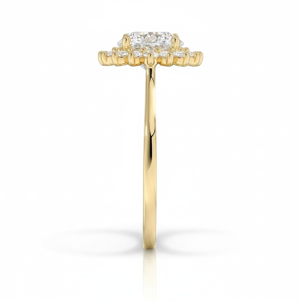 My Store 4 18K solid gold engagement ring with a round lab-grown diamond in a vintage halo setting, side view.