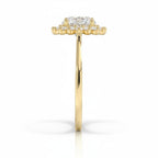 My Store 4 18K solid gold engagement ring with a round lab-grown diamond in a vintage halo setting, side view.