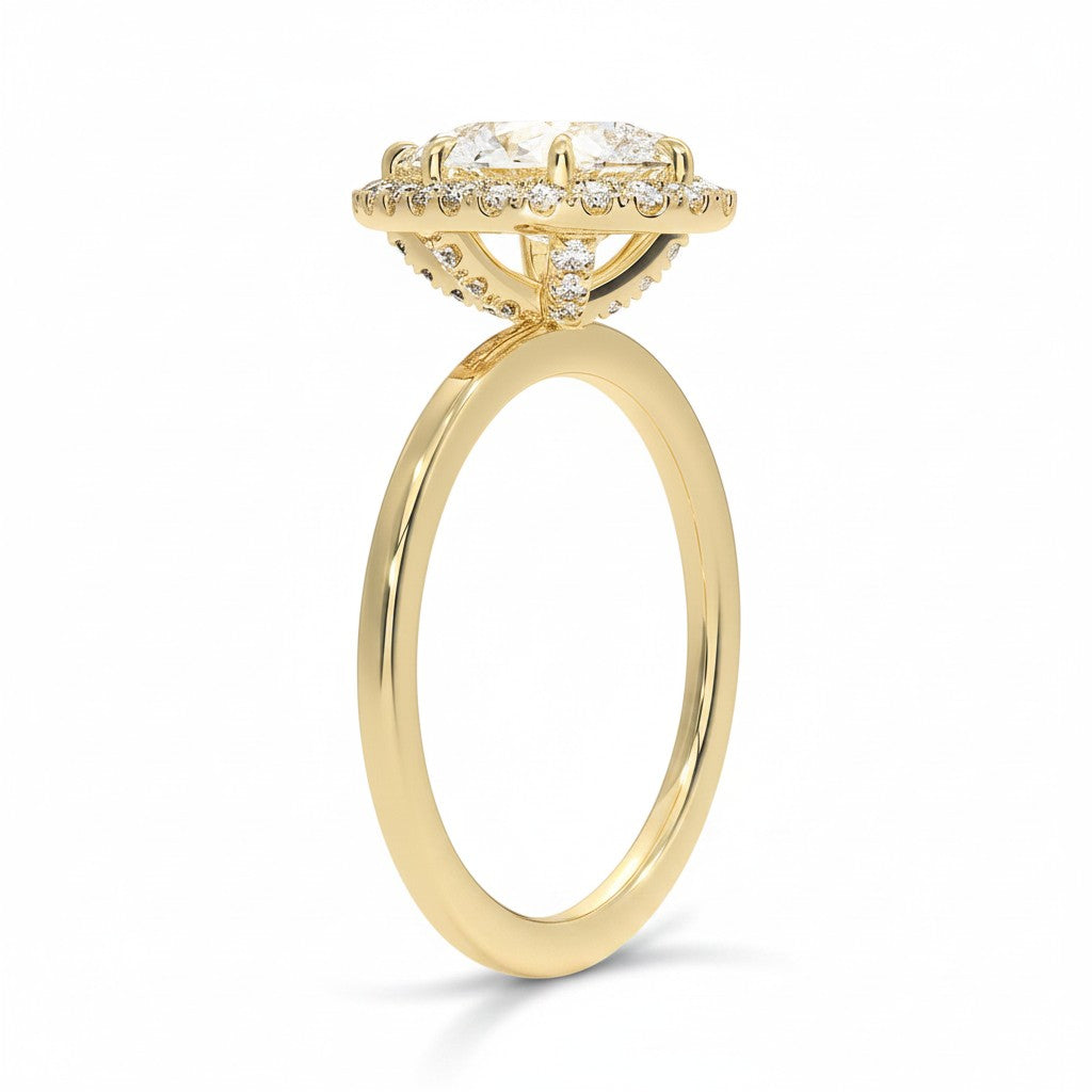 My Store 4 18K solid gold halo engagement ring set featuring a brilliant lab-grown diamond in a side profile view.
