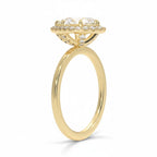 My Store 4 18K solid gold halo engagement ring set featuring a brilliant lab-grown diamond in a side profile view.