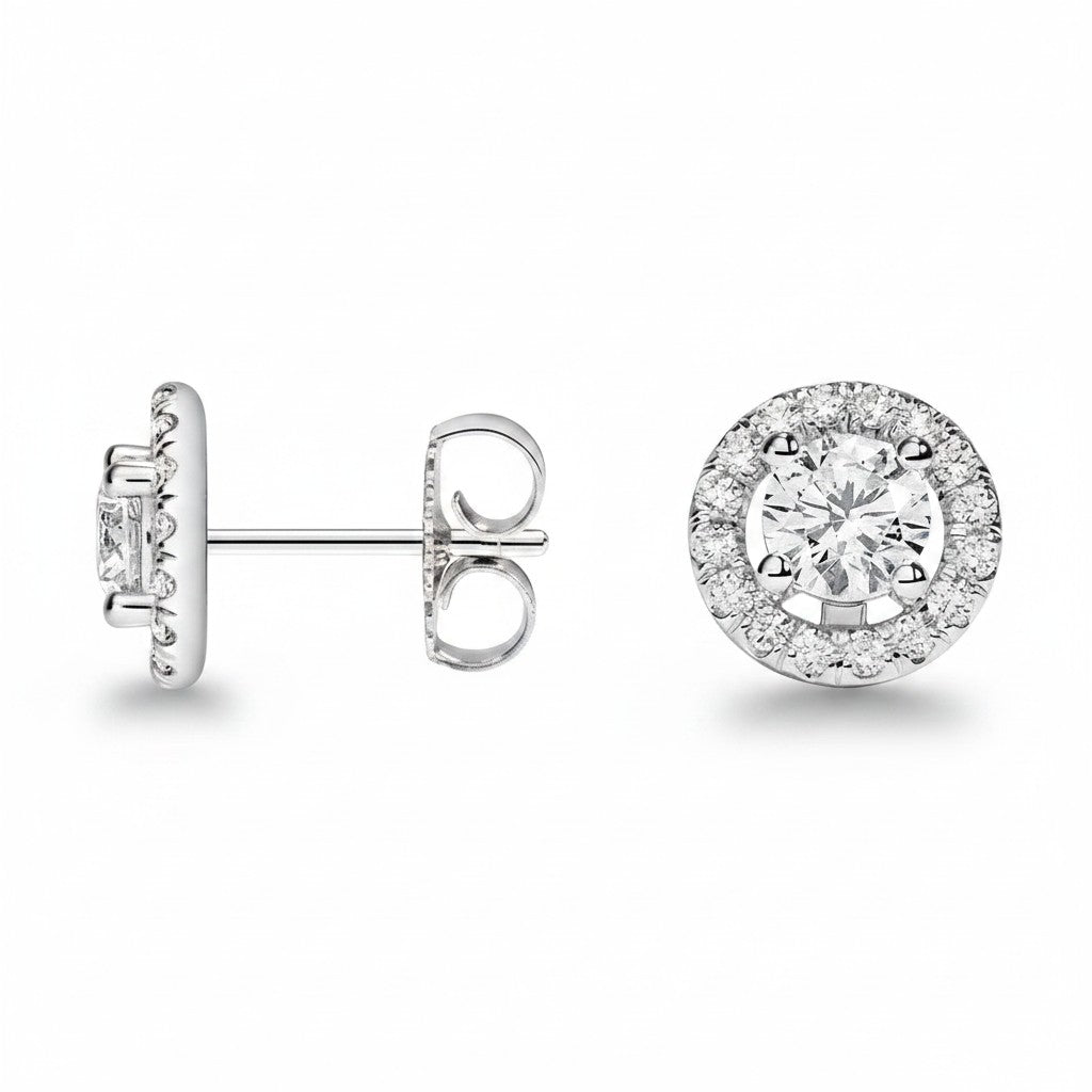 My Store 4 18K solid gold round halo stud earrings featuring 1 carat lab-grown diamonds with a brilliant sparkle.