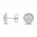 My Store 4 18K solid gold round halo stud earrings featuring 1 carat lab-grown diamonds with a brilliant sparkle.