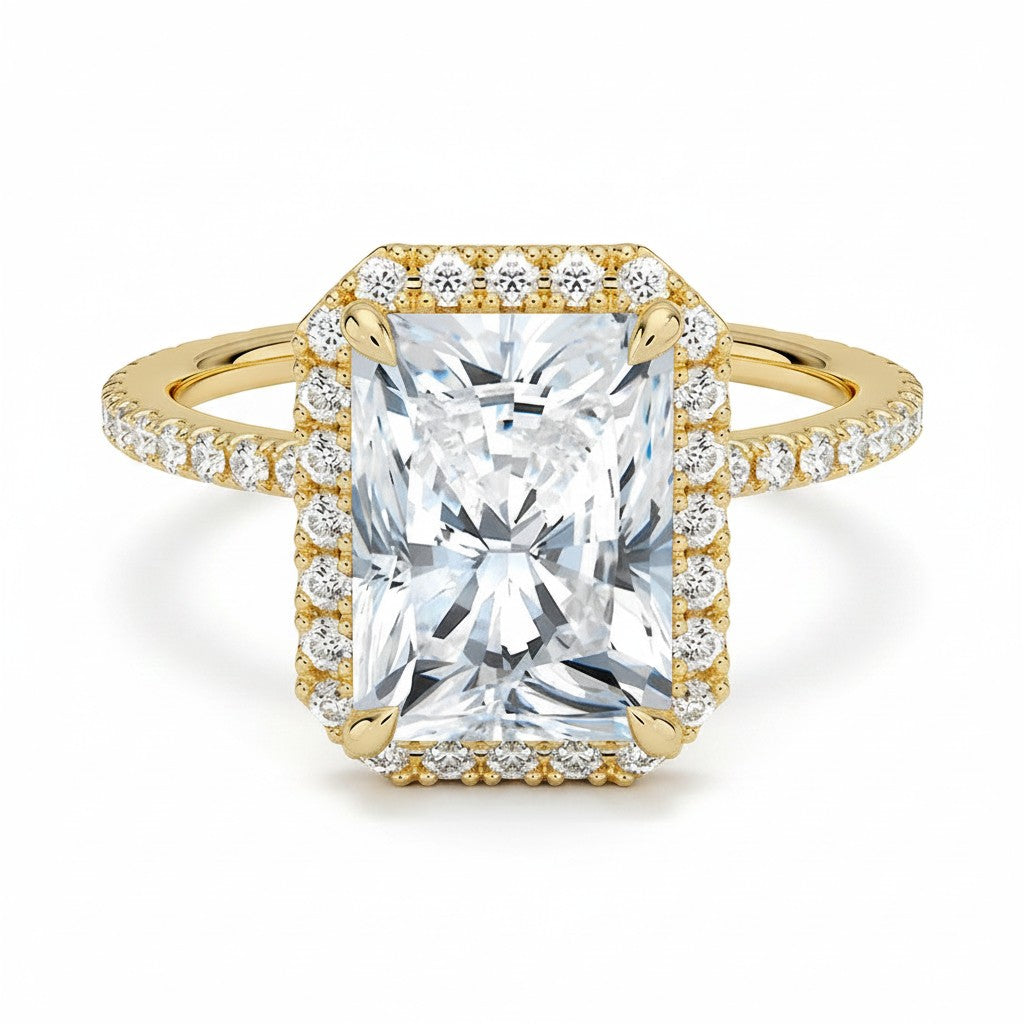 My Store 4 18K solid gold halo pavé engagement ring featuring a radiant cut lab-grown diamond with sparkling accents.