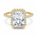 My Store 4 18K solid gold halo pavé engagement ring featuring a radiant cut lab-grown diamond with sparkling accents.