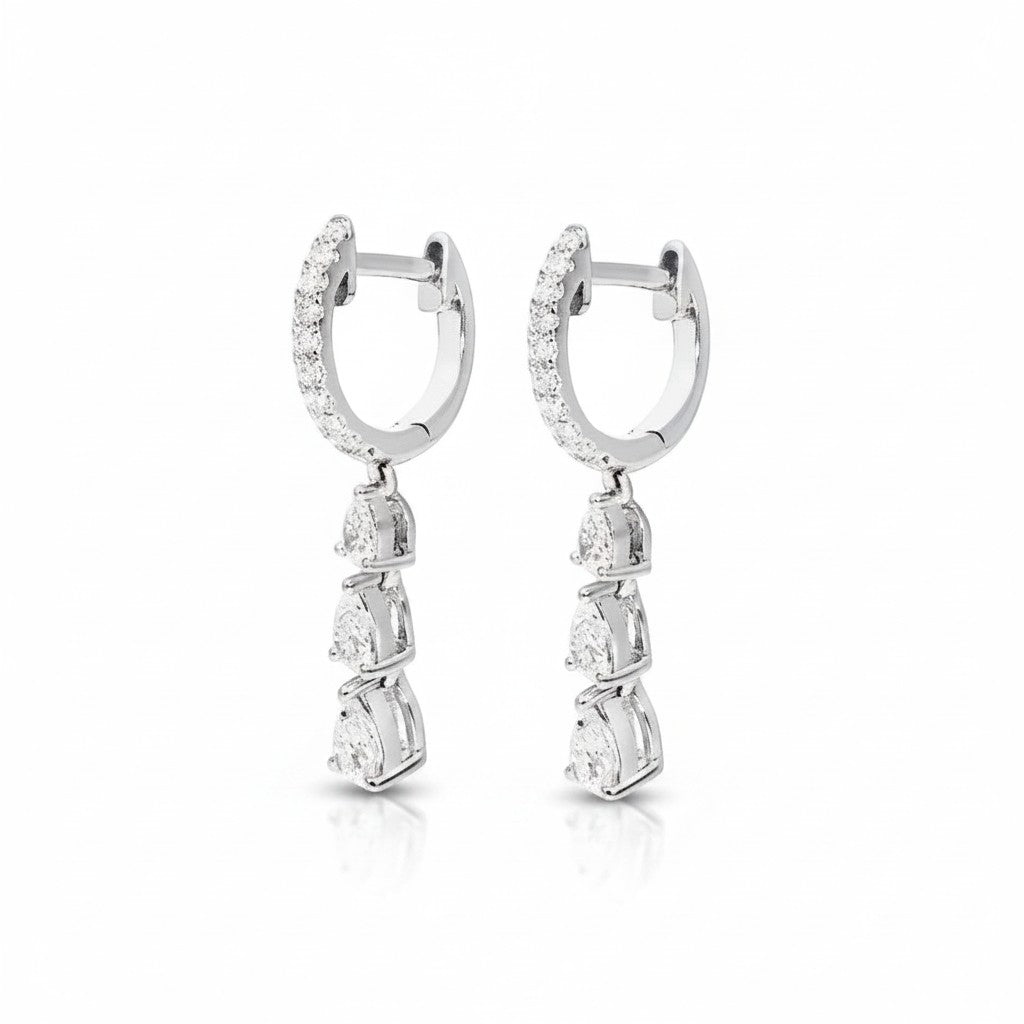 My Store 4 18K solid gold drop earrings featuring 1.1 carat lab-grown diamonds in a sparkling three-stone design.