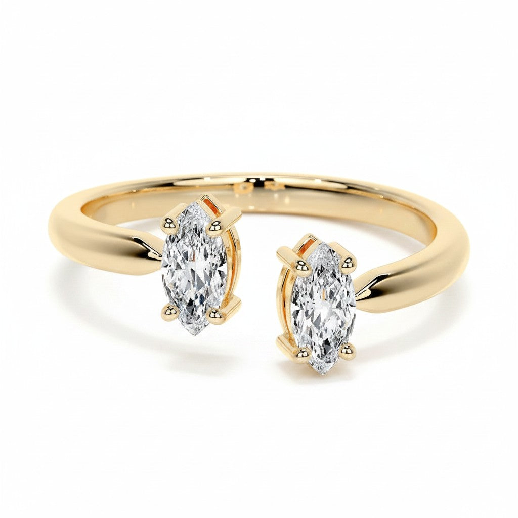 My Store 4 18K solid gold engagement ring featuring two marquise-cut lab-grown diamonds in an open bypass design.