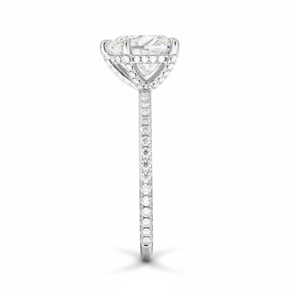 My Store 4 18K solid gold solitaire ring with a lab-grown diamond and pavé-set band, side profile view.