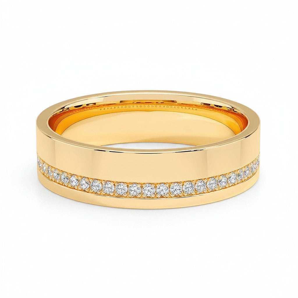 My Store 4 solid yellow gold flat band wedding ring with an offset row of micro-pavé set brilliant diamonds.