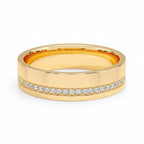 My Store 4 solid yellow gold flat band wedding ring with an offset row of micro-pavé set brilliant diamonds.